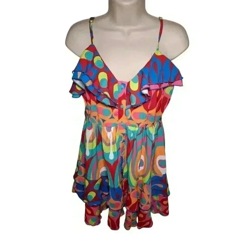 Vintage Psychedelic Ruffle Mini Dress Y2K Festival Rave Coachella S